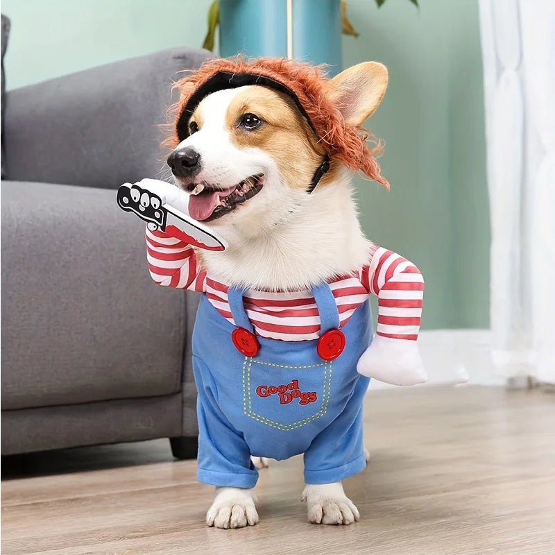 Bloody Doll Dog Costume With Knife And Wig For Halloween