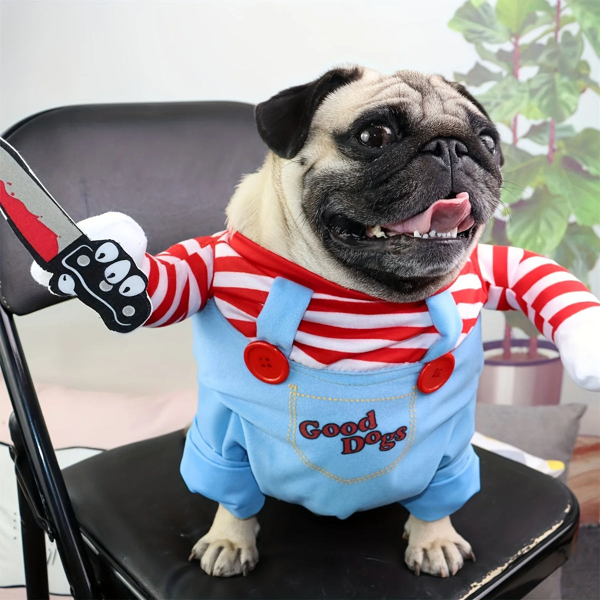 Bloody Doll Dog Costume With Knife And Wig For Halloween