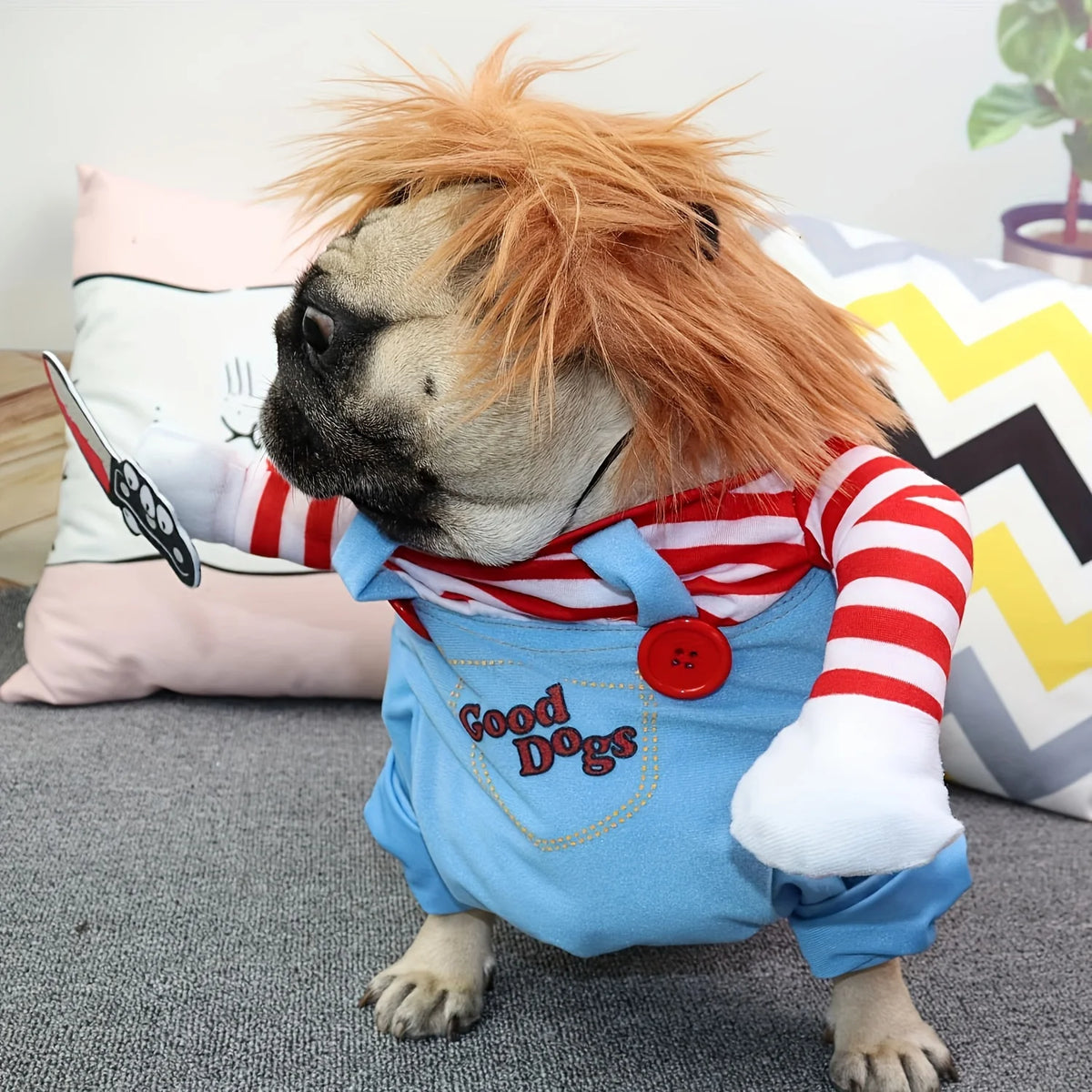 Bloody Doll Dog Costume With Knife And Wig For Halloween