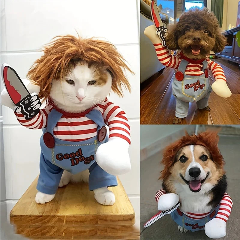 Bloody Doll Dog Costume With Knife And Wig For Halloween